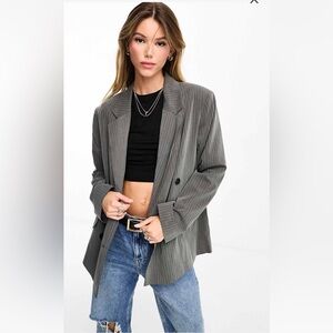 ASOS double breasted blazer in gray pinstripe